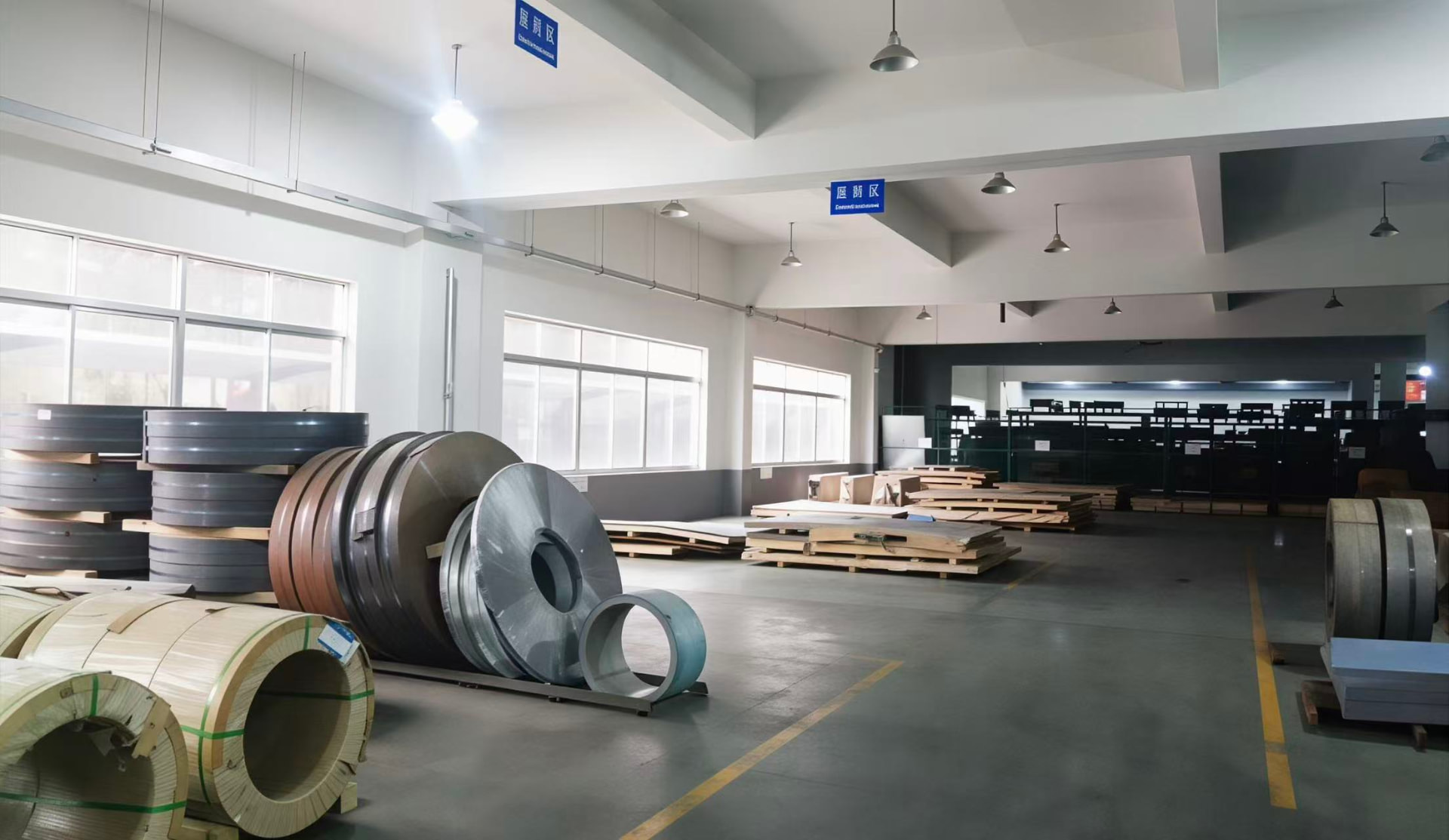 Steel coil and sheet metal material staging area